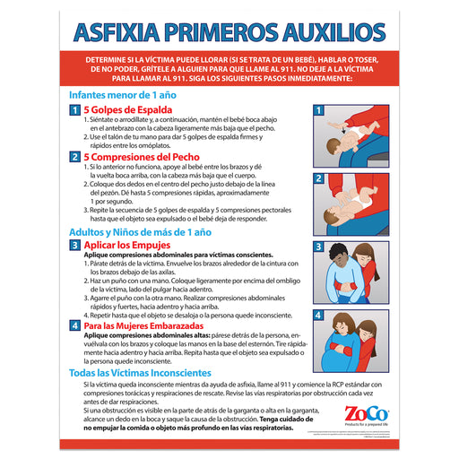 Choking Poster (Spanish Version) - Heimlich Maneuver for Infants, Children & Adults - Laminated
