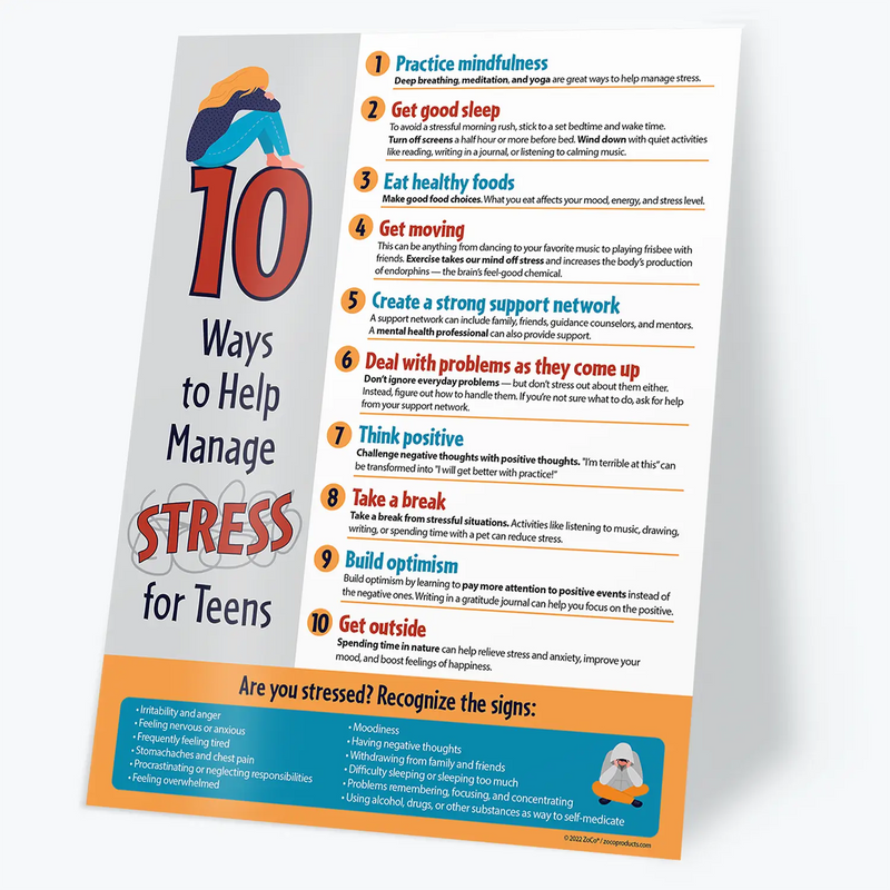 10 Ways to Manage Stress for Teens - Laminated Poster - 17"x22"