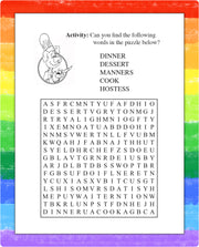 Dining-themed puzzle page inside kids mini activity pad