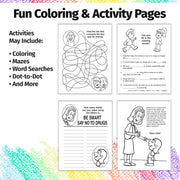 Kids drug prevention activities including coloring, word searches and dot-to-dot