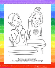 A black and white coloring page illustration showing two children at a desk, with one child raising a hand. The page is centered on a colorful rainbow-striped background.