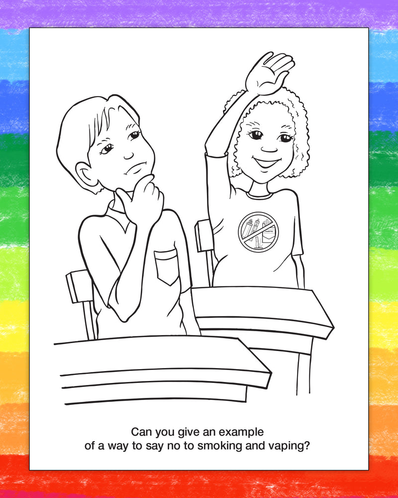 A black and white coloring page illustration showing two children at a desk, with one child raising a hand. The page is centered on a colorful rainbow-striped background.