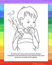 A black-and-white line drawing of a child smoking, with smoke curls rising and text below stating, 'Smoking can cause cancer and heart disease. Emphysema and bronchitis are lung diseases that cause shortness of breath and coughing.