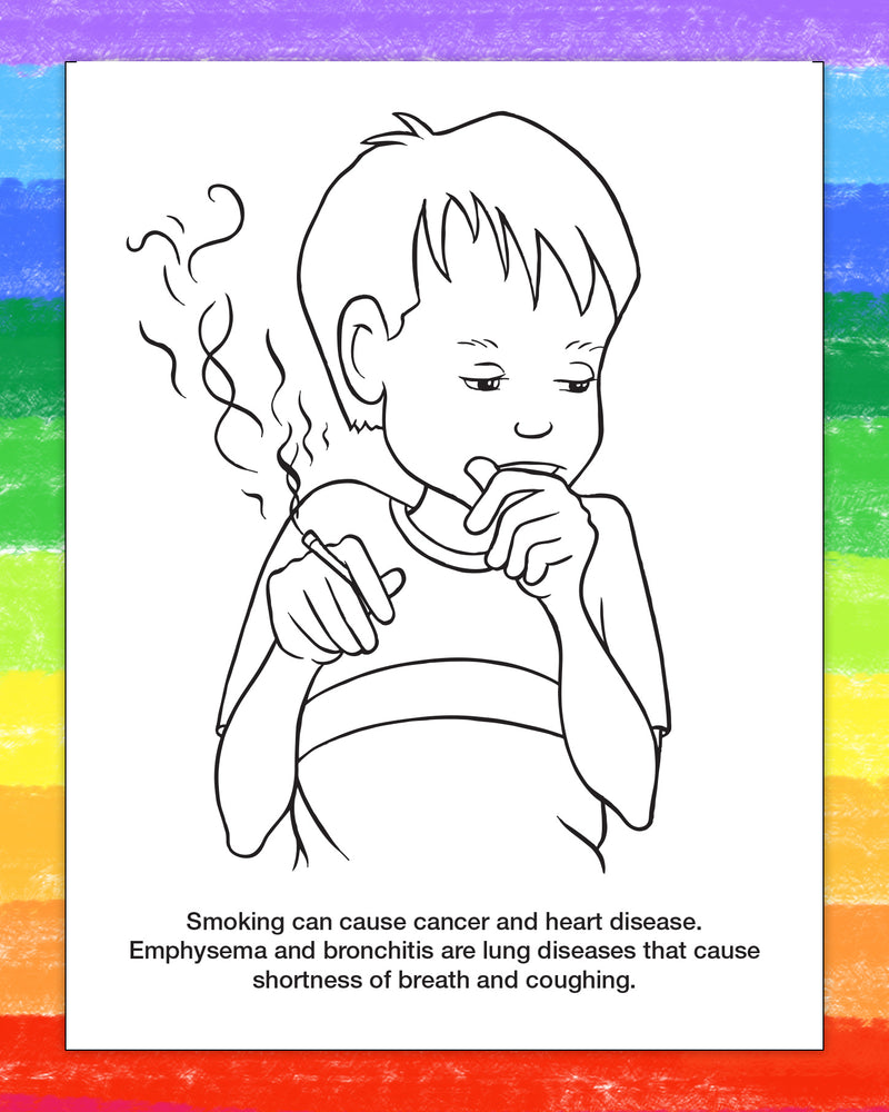 A black-and-white line drawing of a child smoking, with smoke curls rising and text below stating, 'Smoking can cause cancer and heart disease. Emphysema and bronchitis are lung diseases that cause shortness of breath and coughing.