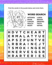 A printable word search puzzle sheet with a black-and-white medical-themed illustration and lists of words such as arteries, lungs, brain, cancer, health, heart, smoking, teeth, and vaping, set against a rainbow-striped background.