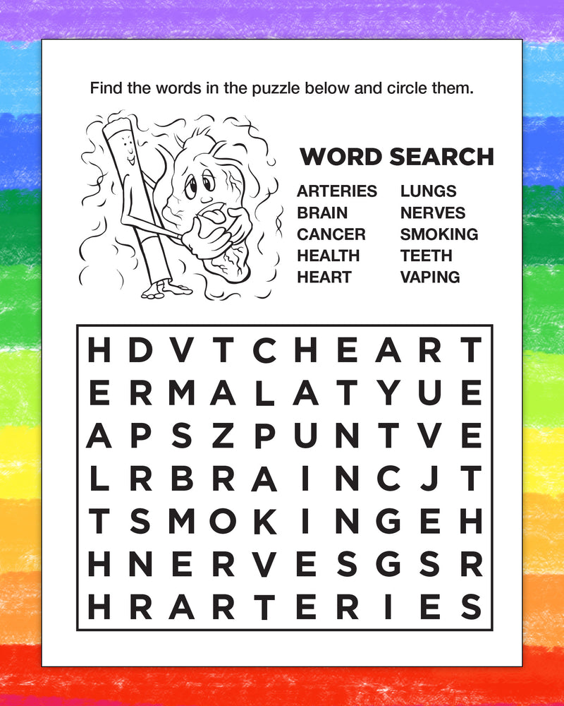 A printable word search puzzle sheet with a black-and-white medical-themed illustration and lists of words such as arteries, lungs, brain, cancer, health, heart, smoking, teeth, and vaping, set against a rainbow-striped background.