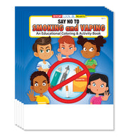 A stack of children's educational coloring and activity books titled 'SAY NO TO SMOKING AND VAPING' with illustrated cartoon children and a red prohibition symbol over a cigarette pack on the cover.