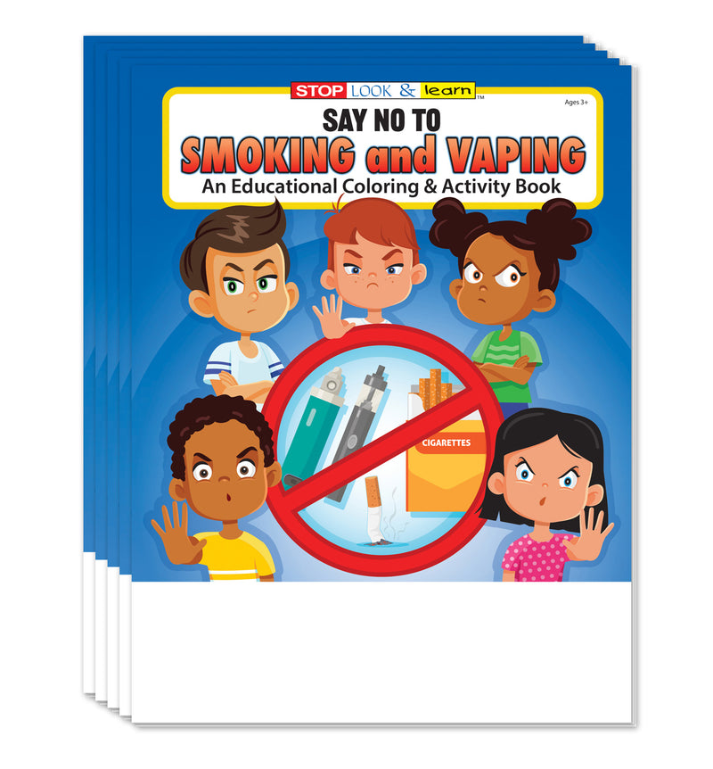 A stack of children's educational coloring and activity books titled 'SAY NO TO SMOKING AND VAPING' with illustrated cartoon children and a red prohibition symbol over a cigarette pack on the cover.