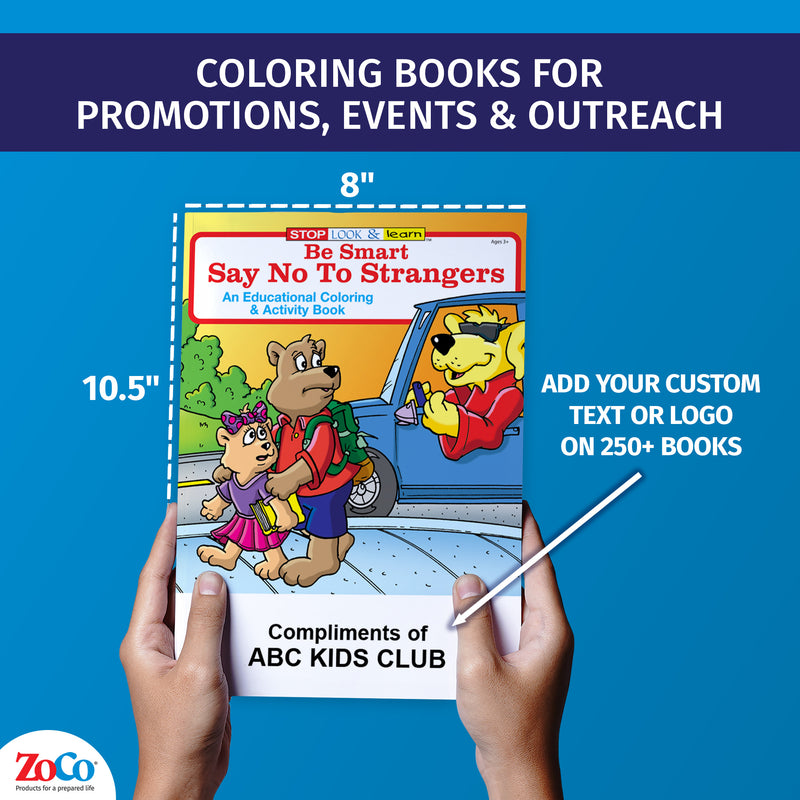 Custom imprint example for Be Smart Say No to Strangers coloring books