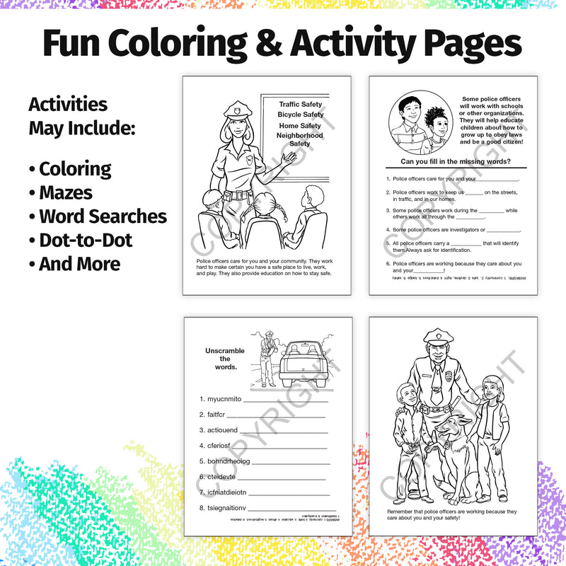Inside pages of Police Officers Care kids coloring and activity book