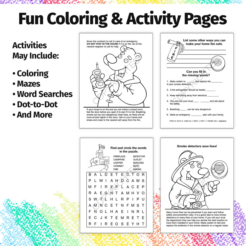 Inside pages of Practice Fire Safety kids coloring and activity book