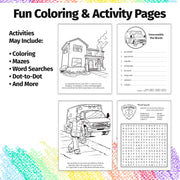 Inside pages of Learn About 911 kids coloring and activity book