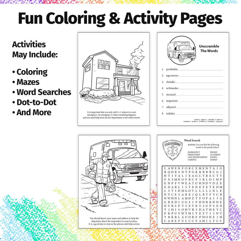 Inside pages of Learn About 911 kids coloring and activity book