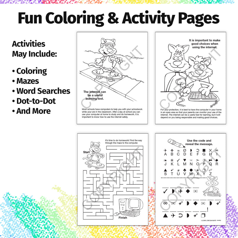 Kids internet safety coloring page showing parent supervision at the computer