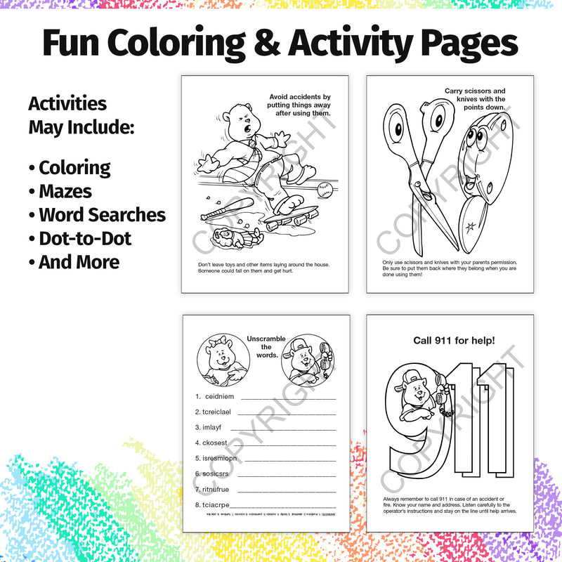 Home safety coloring and activity pages about putting toys away, scissor safety, word games, and calling 911