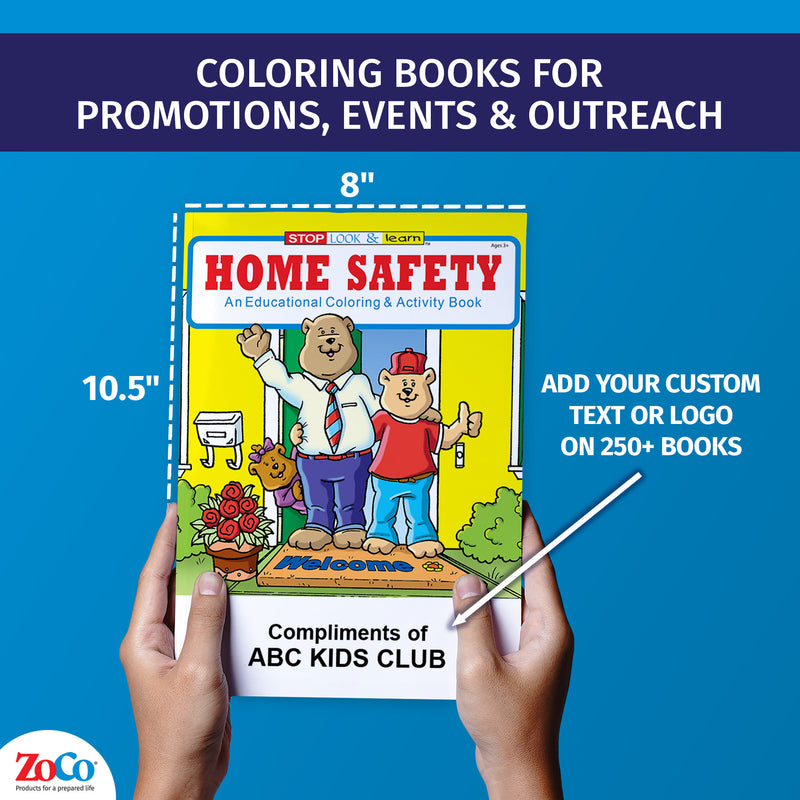 Custom Home Safety coloring book showing imprint area for logo or business name