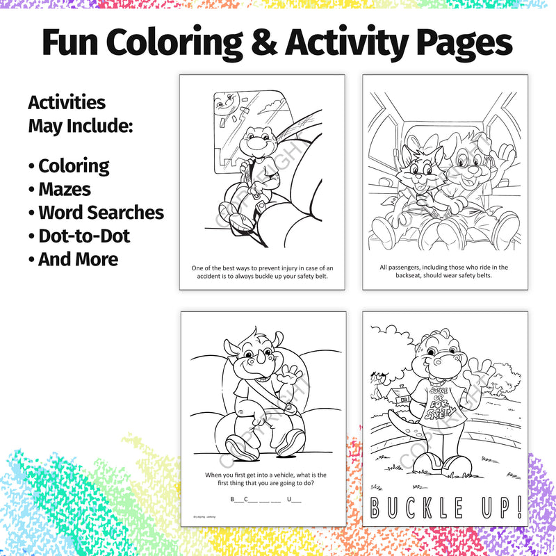 Kids coloring pageS showing children buckled safely in a car