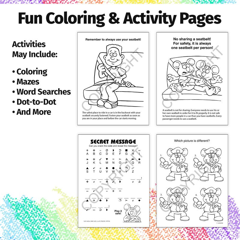Bulk seat belt safety coloring books for schools and outreach programs