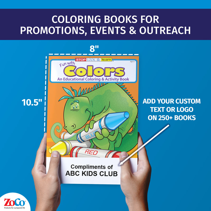 Kids coloring book features including 16 pages, ages 3+, bulk packs and optional crayons