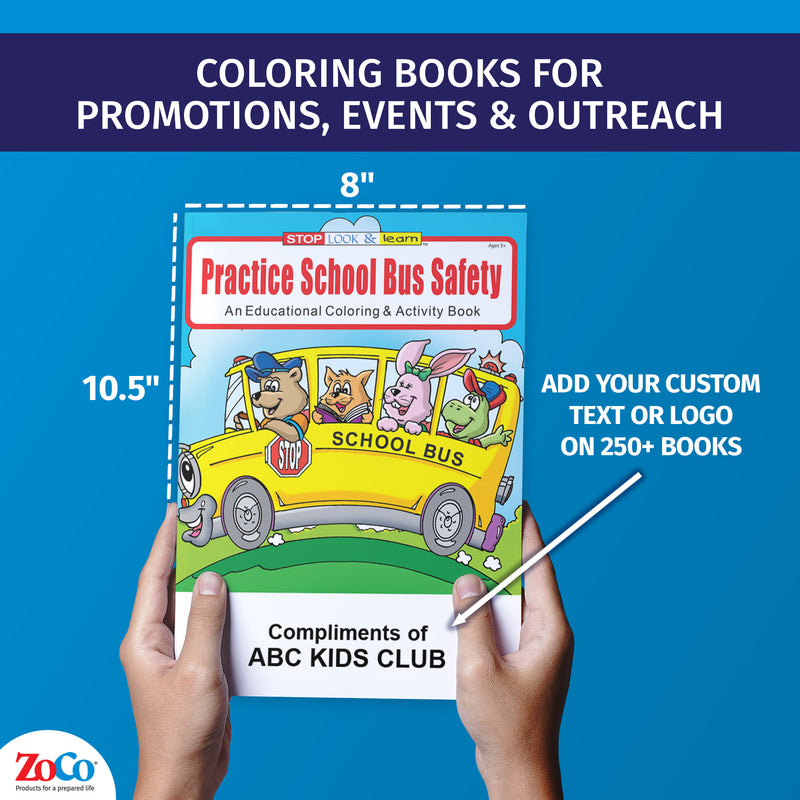 Hands holding Practice School Bus Safety educational coloring book