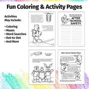 Kids after-school safety coloring page about walking home and crossing streets