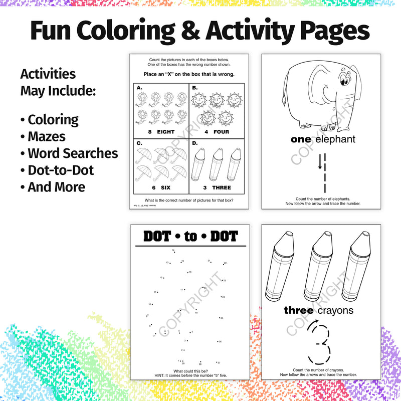 Number recognition activities including coloring, counting and early learning exercises