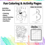 Addition practice activities including coloring, puzzles and math games