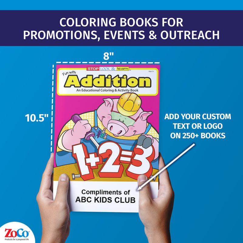 Hands holding Fun With Addition educational coloring book