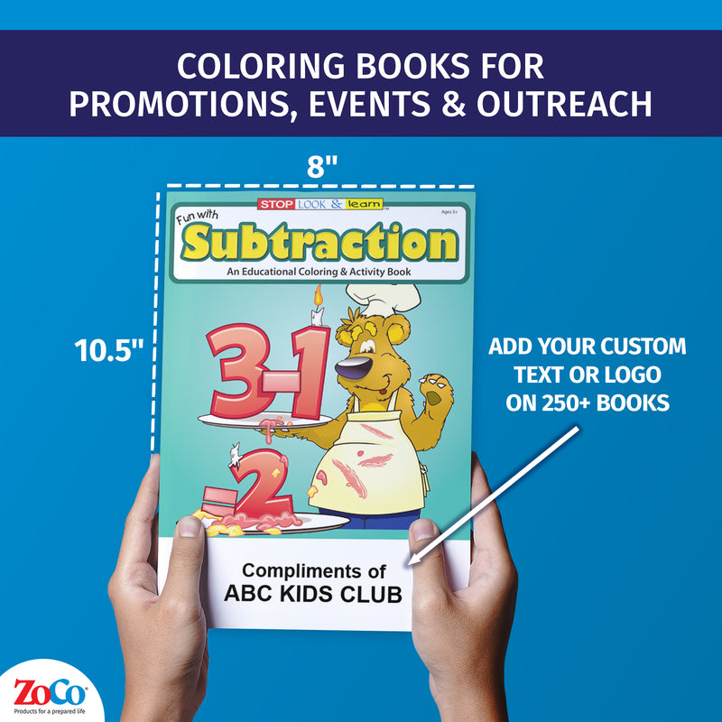Hands holding Fun With Subtraction educational coloring book