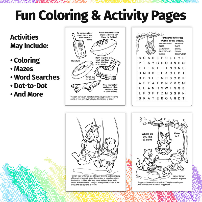 Kids coloring page about playground rules and avoiding injuries