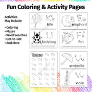 Letter recognition activities including coloring, puzzles and early learning exercises