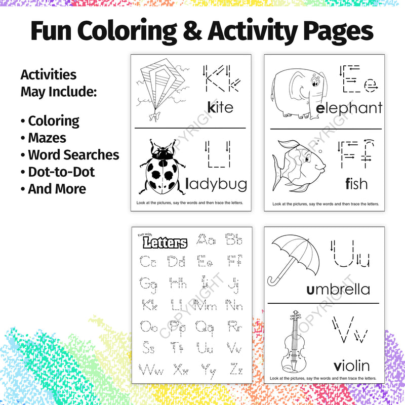 Letter recognition activities including coloring, puzzles and early learning exercises