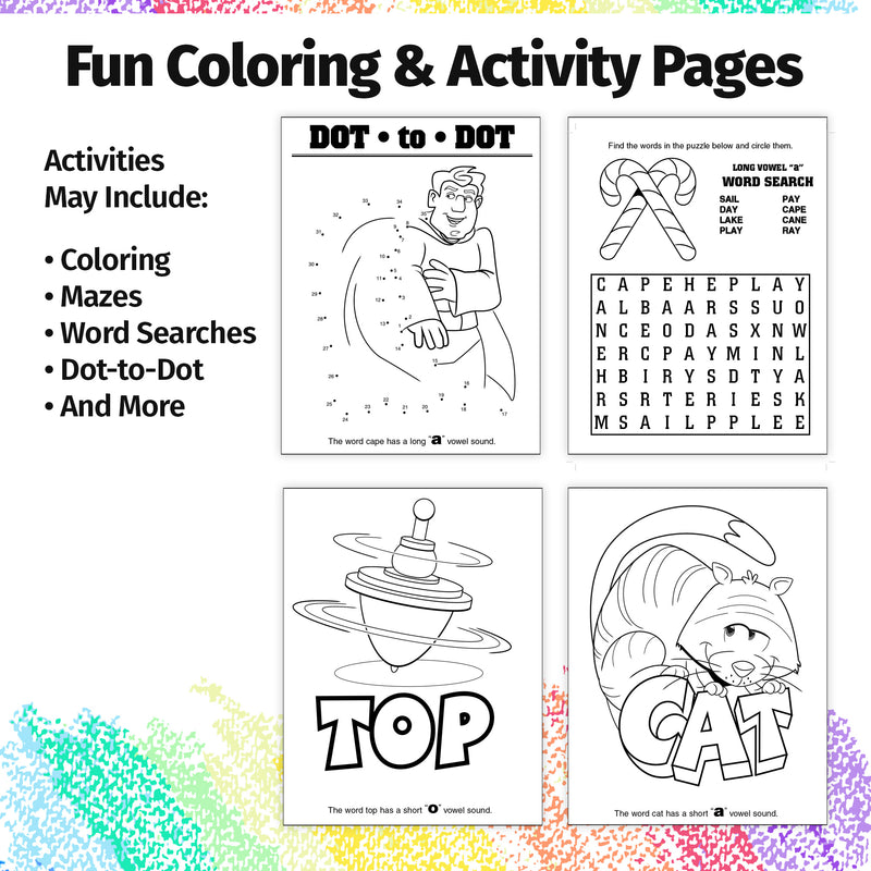 Phonics activities including letter sounds, coloring and early reading practice
