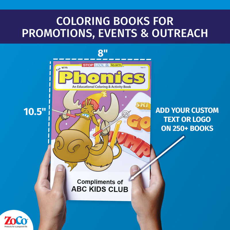Hands holding Fun With Phonics educational coloring book