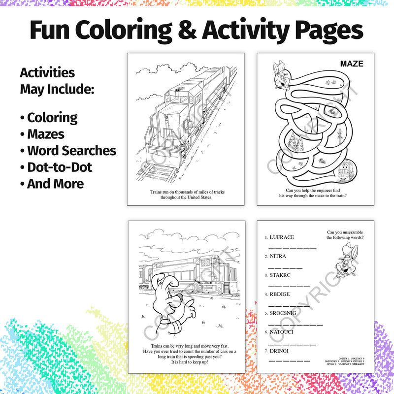 Train and railroad crossing safety coloring book for children - inside activity and coloring pages