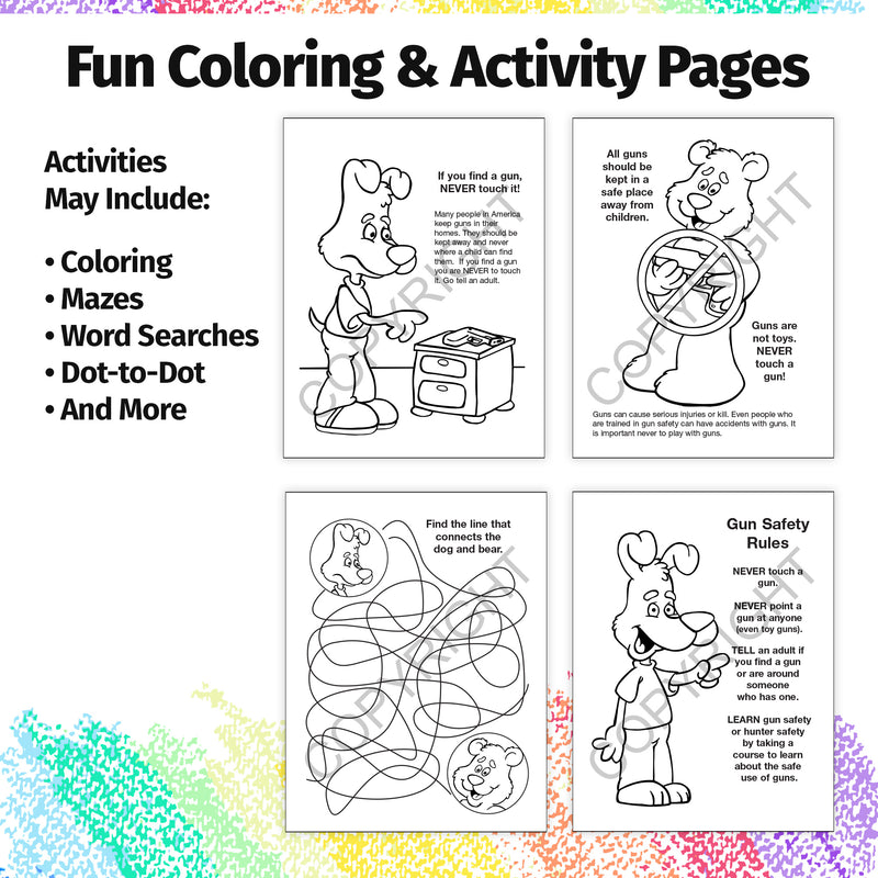 Kids gun safety activity pages teaching children not to touch firearms