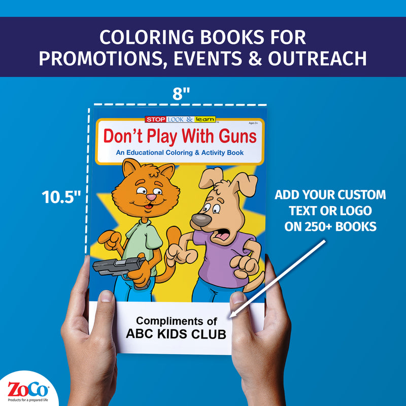 Custom gun safety coloring book for kids with logo or text imprint