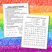 Kids coloring page about staying safe around swimming pools