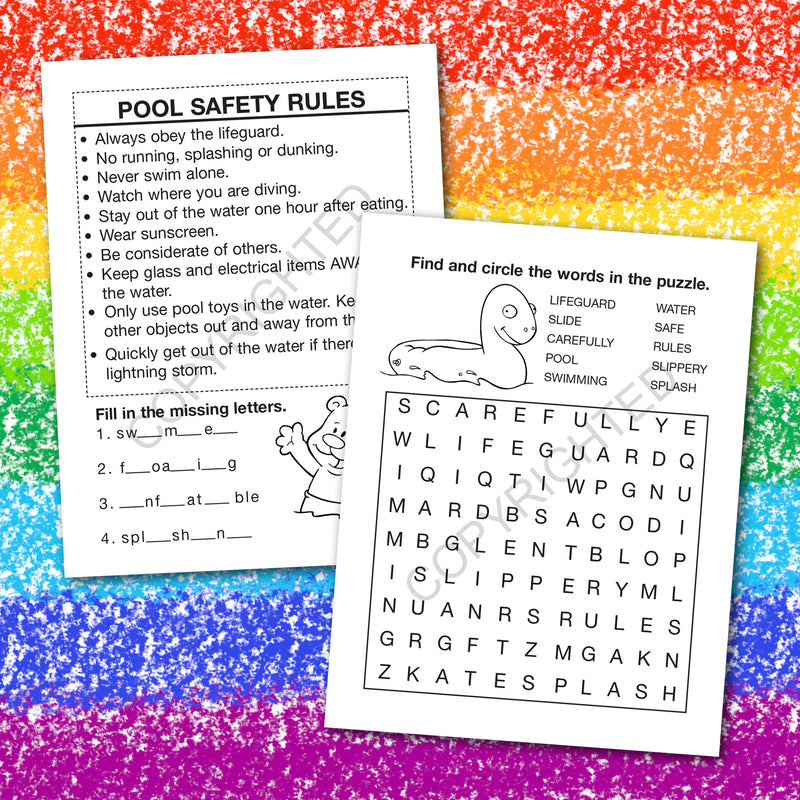 Kids coloring page about staying safe around swimming pools
