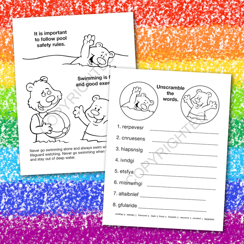 Educational pool safety activity book for kids