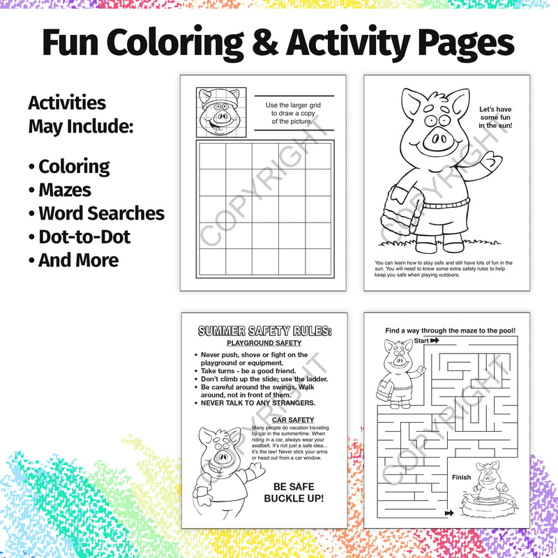 Kids summer safety coloring activity about water safety
