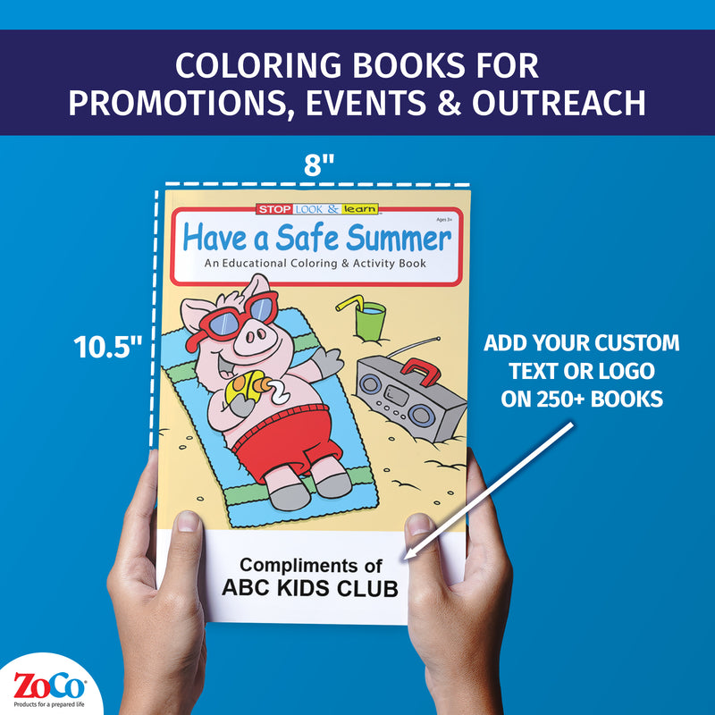 Summer safety coloring books for kids with custom imprint option