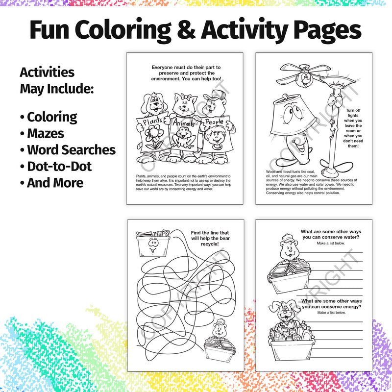 Inside pages of Saving Energy and Water kids coloring and activity book