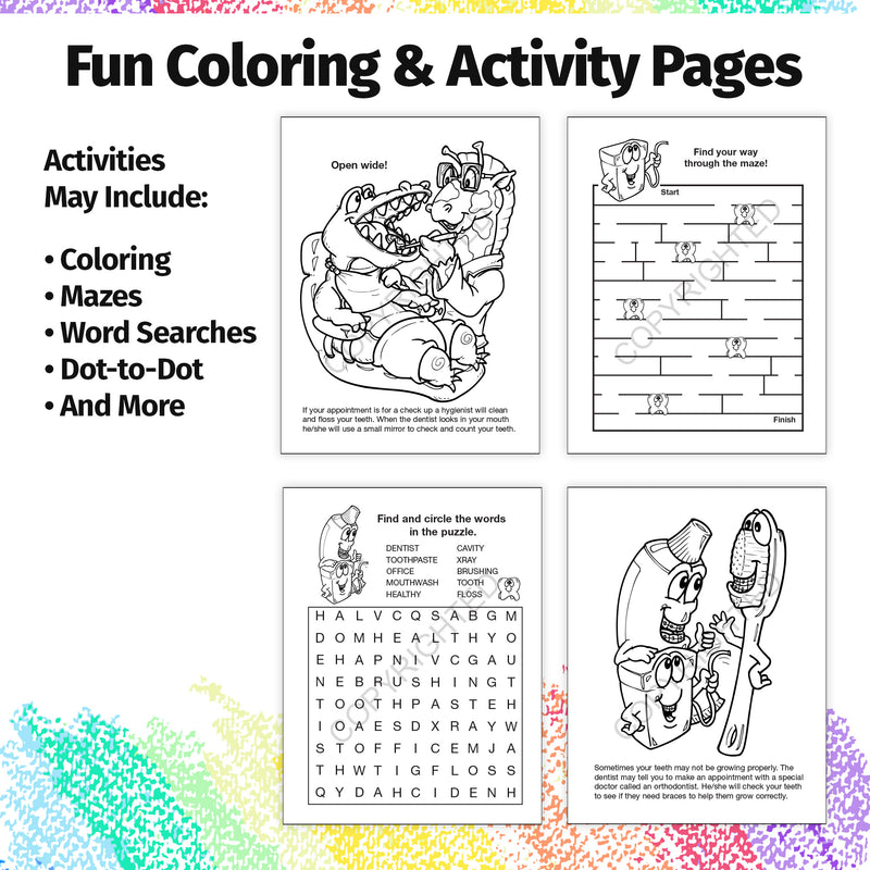 Dentist visit coloring and activity book inside educational pages for children