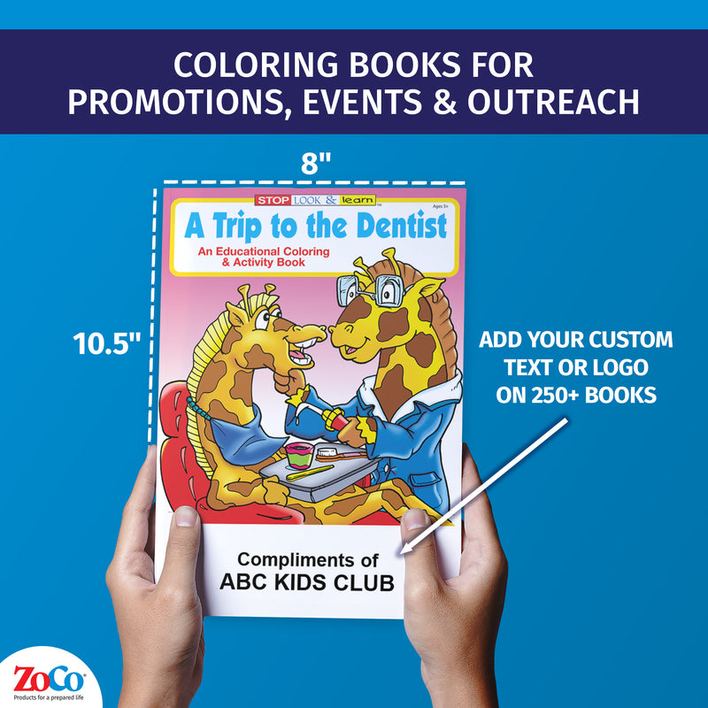Dentist visit coloring book showing 8 x 10.5 inch size and custom imprint