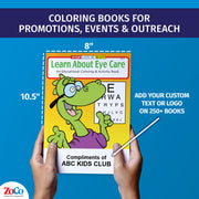 Eye care coloring book showing 8 x 10.5 inch size and custom imprint