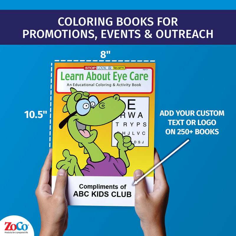 Eye care coloring book showing 8 x 10.5 inch size and custom imprint