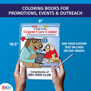 Urgent care coloring book showing 8 x 10.5 inch size and custom imprint