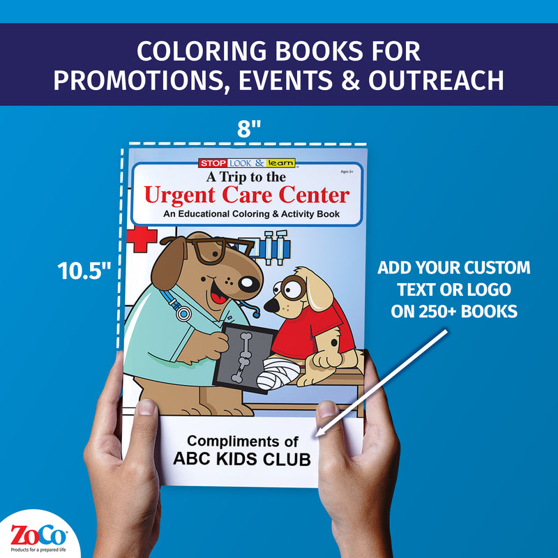 Urgent care coloring book showing 8 x 10.5 inch size and custom imprint