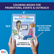 Doctor’s office coloring book showing 8 x 10.5 inch size and custom imprint
